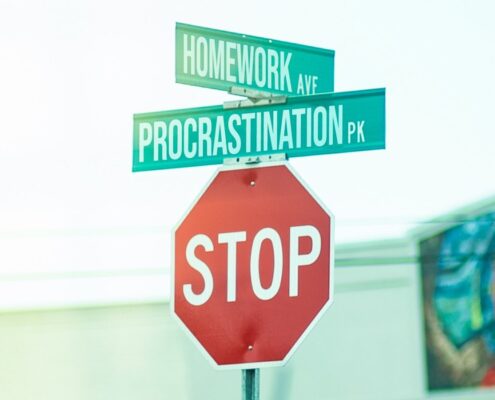 Stoppschild mit zwei Wegweisern Homework und Procrastination